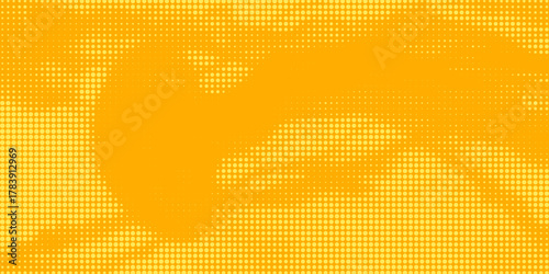 Yellow halftone pattern. Retro comic gradient background. Bright orange pixelated dotted texture overlay. Cartoon pop art faded gradient pattern. Vector backdrop for poster, banner, advertisement