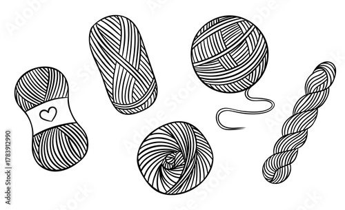 vector set, different skeins of yarn for knitting, simple black and white icon, doodle and sketch style