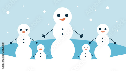 Happy snowman family standing together in a snowy winter landscape with falling snowflakes