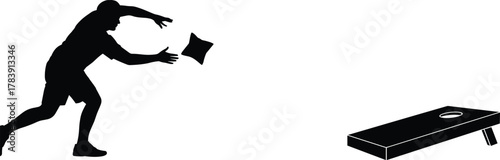 Cornhole game silhouette, black vector person throwing bean bag at board for sports, leisure, lawn games, and outdoor activity design