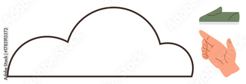 Outlined cloud with a hand pointing to a shoe artfully placed above. Ideal for creativity, imagination, decision-making, innovation, aspirations, guidance, and abstract concepts. Clean flat metaphor