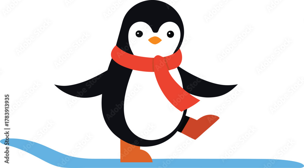 Fototapeta premium Cute cartoon penguin wearing a red scarf and orange skates on an ice surface