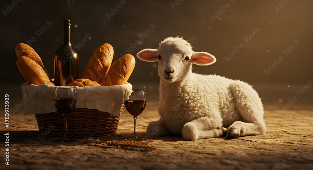 Fototapeta premium Lamb resting near bread, wine, wheat, golden light illuminating
