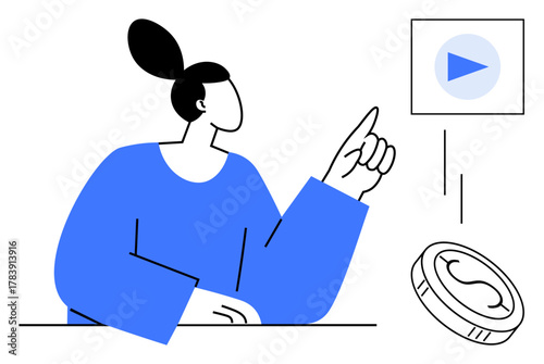 Female character raises hand toward play button symbolizing action, digital content, or decision-making. Coin nearby implies monetization or transaction. Ideal for concepts in creativity, finance
