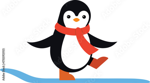 Cute cartoon penguin wearing a red scarf and orange skates on an ice surface