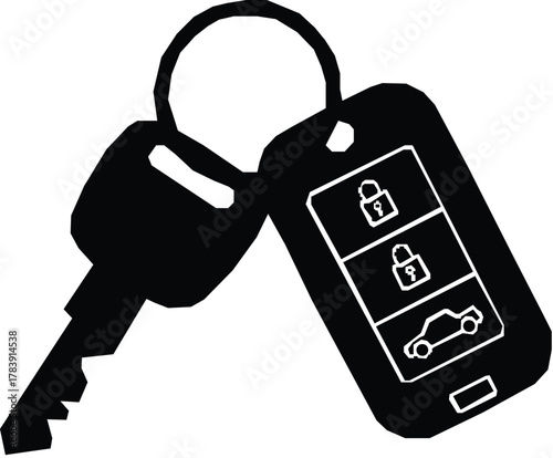 Car key with remote fob icon. Black silhouette of a vehicle ignition key and electronic alarm system.
