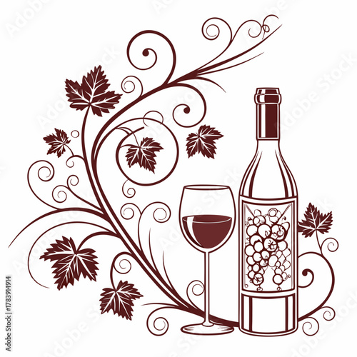 Elegant Vector Design of a Wine Bottle and Glass with Grapevine Details, Ideal for Wine Labels, Vineyard Branding, Restaurant Promotions, and Alcohol-Related Marketing Materials.