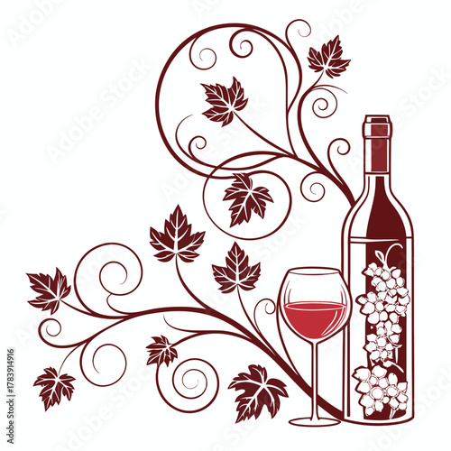 Elegant Vector Design of a Wine Bottle and Glass with Grapevine Details, Ideal for Wine Labels, Vineyard Branding, Restaurant Promotions, and Alcohol-Related Marketing Materials.