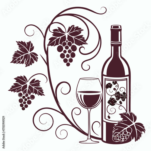 Elegant Vector Design of a Wine Bottle and Glass with Grapevine Details, Ideal for Wine Labels, Vineyard Branding, Restaurant Promotions, and Alcohol-Related Marketing Materials.