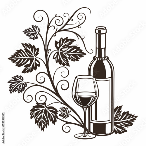 Elegant Vector Design of a Wine Bottle and Glass with Grapevine Details, Ideal for Wine Labels, Vineyard Branding, Restaurant Promotions, and Alcohol-Related Marketing Materials.