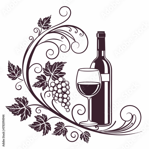 Elegant Vector Design of a Wine Bottle and Glass with Grapevine Details, Ideal for Wine Labels, Vineyard Branding, Restaurant Promotions, and Alcohol-Related Marketing Materials.