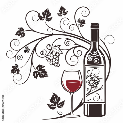 Elegant Vector Design of a Wine Bottle and Glass with Grapevine Details, Ideal for Wine Labels, Vineyard Branding, Restaurant Promotions, and Alcohol-Related Marketing Materials.
