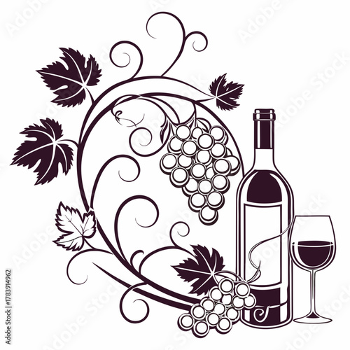Elegant Vector Design of a Wine Bottle and Glass with Grapevine Details, Ideal for Wine Labels, Vineyard Branding, Restaurant Promotions, and Alcohol-Related Marketing Materials.