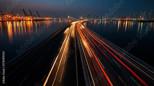 Long exposure highway traffic light trails over water at night with city skyline and port cranes