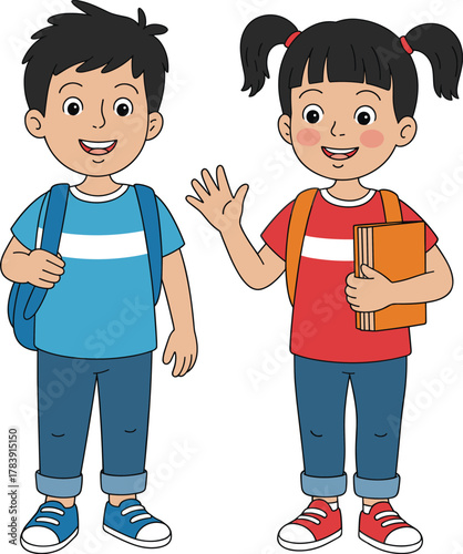 Cartoon children standing together, boy with backpack, girl holding books, cheerful kids, school outfit, education concept, friendly pose, smiling faces