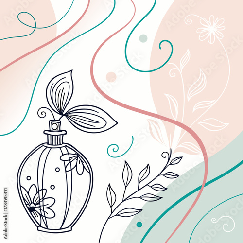 Abstract Perfume Splash Vector Background with Pastel Colors and Swirling Lines, Perfect for Cosmetic Advertisement Banners, Social Media Campaigns, and Website Headers.