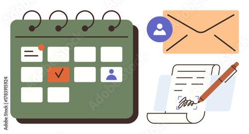 Planner calendar with marked dates, envelope, profile icon, and signed document with pen. Ideal for schedule planning, team collaboration, professional communication, task management, project