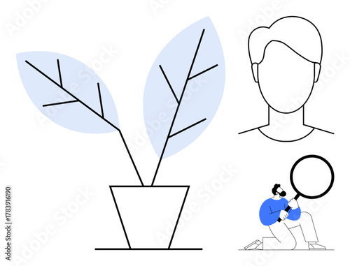 Abstract potted plant with blue leaves, faceless human portrait, person examining with magnifying glass. Ideal for growth, analysis, observation, minimalism, personal development, research eco