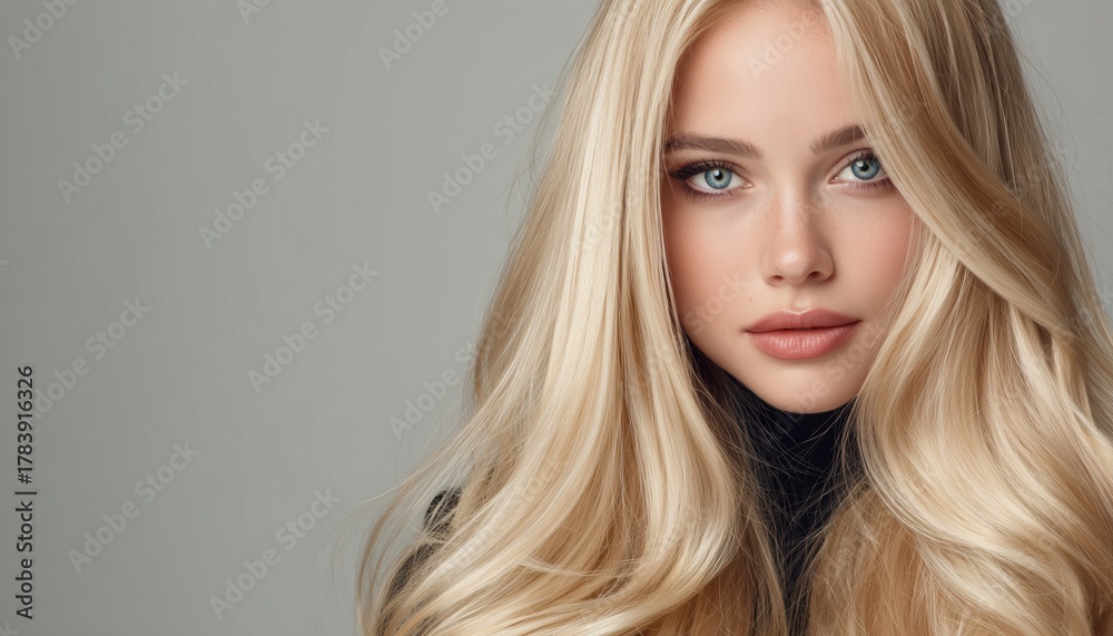 Fototapeta premium Healthy Long Blond Hair Extension On A Blonde Woman With Blue Eyes - Stunning Blonde Girl With Beautiful Hair Enhancement.
