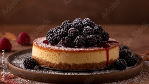 Golden Dessert with Sweet Blackberries and Powdered Sugar, Delicate Harmony.