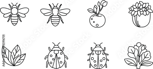 Garden wildlife simple outline set. Vector pictograms of bee, ladybug, simple line illustration.