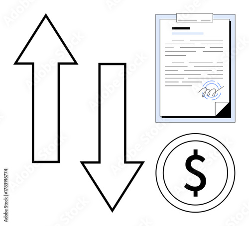 Up and down arrows, signed agreement on clipboard, dollar in circle. Ideal for finance, contracts, trading, economics, wealth management decision-making negotiation. Simple flat metaphor