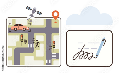 GPS-monitored car and pedestrian at intersection, satellite, traffic signals, cloud and pen signing interface. Ideal for urban mobility, automation, technology, navigation, IoT logistics