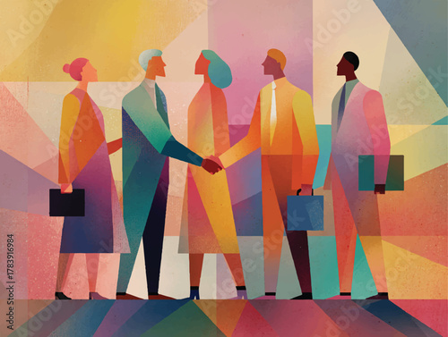 Diverse Business Professionals Shaking Hands Achieving Partnership Agreement in Abstract Style