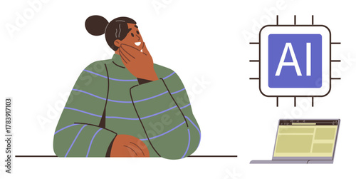 Person contemplating AI technology with AI processor icon and laptop on their desk. Ideal for innovation, technology, education, research, creativity, problem-solving, decision-making. Simple flat