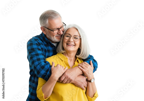 Happy elderly couple embracing and smiling, isolated on transparent background