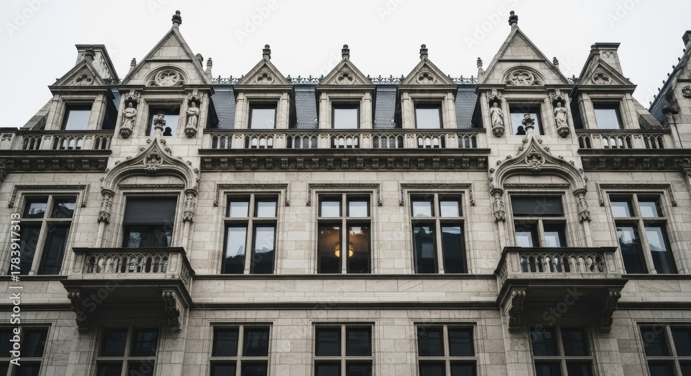 Fototapeta premium Ornate Gothic revival architecture with detailed stone carvings. Historic European building facade with balconies and statues. Luxury real estate and city living concept