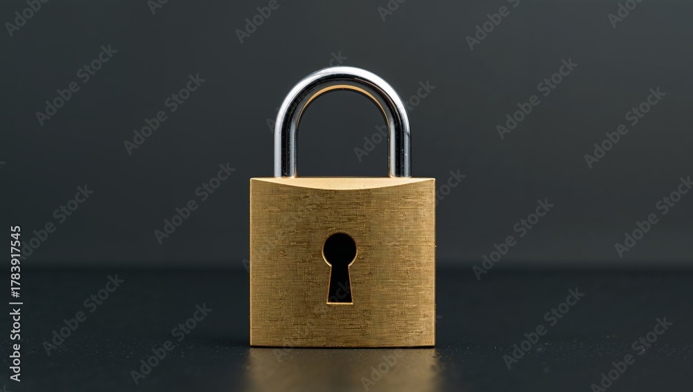 Naklejka premium Golden Padlock on Dark Surface Metallic Security Device With Keyhole Detail.