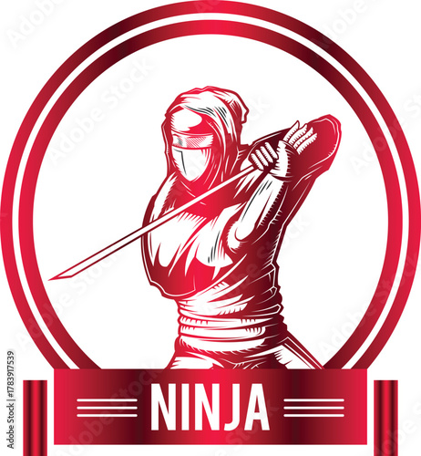 Stylized ninja emblem, red monochrome, circular frame design