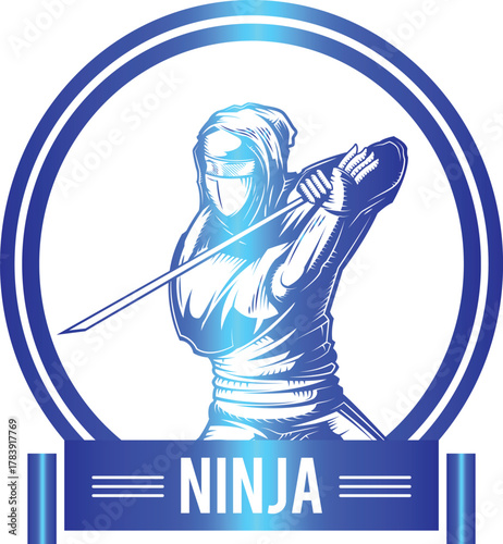 Futuristic ninja logo design with glowing blue light