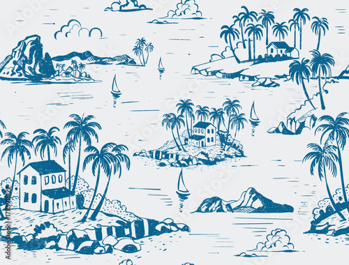 Hand drawing tropical seamless pattern design. palm tree sea resort print design. beach pattern graphics. island seamless pattern design.