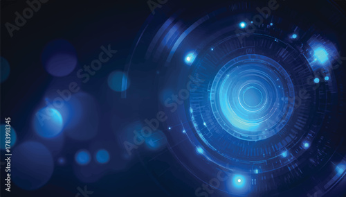 Futuristic Technology Background with Glowing Blue Rings and Bokeh Lights