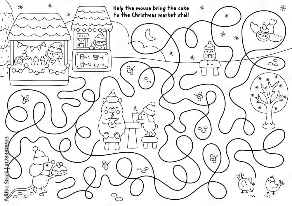 Obraz premium Christmas village black and white maze with mouse bringing cake to market stall or fair. Line labyrinth game with animal, holiday treat, snowy landscape. Winter printable activity, coloring page