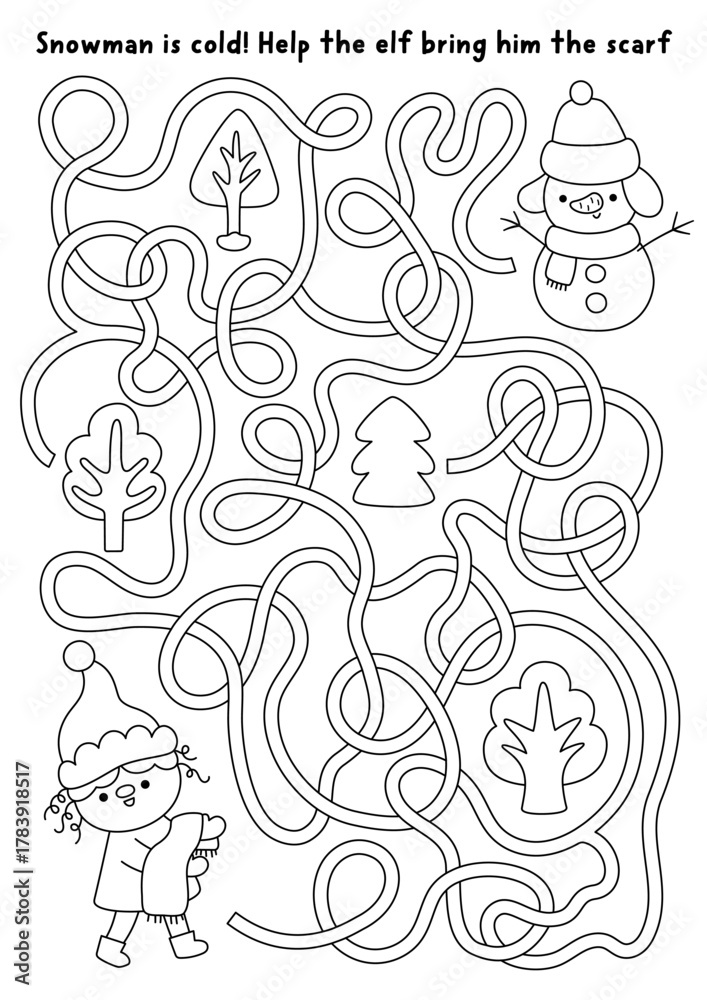 Obraz premium Christmas village black and white maze with elf bringing scarf to snowman. Line labyrinth game with traditional character, snowy tree. Winter holiday printable activity, worksheet, coloring page