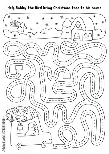 Christmas village black and white maze with bird driving car with presents home. Line labyrinth game with animal driver bringing tree to house. Winter holiday printable activity, coloring page