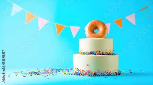 Colorful two-tier cake with donut topper and sprinkles on blue background