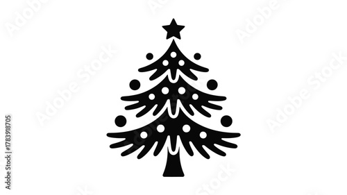 A stylized black christmas tree silhouette adorned with ornaments and a star on top perfect for holiday design elements silhouette