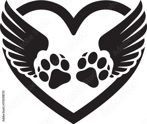 Heart with angel wings and paw prints pet memorial & animal love symbol