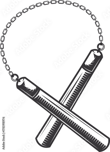 Black and white nunchaku illustration with chain
