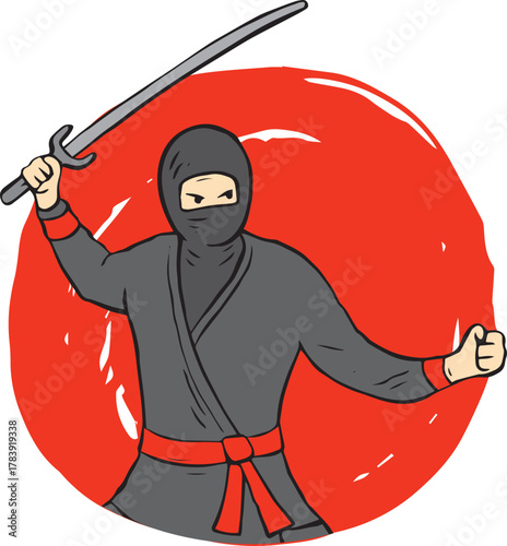 Ninja illustration with katana and red background