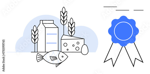 Fish, milk, cheese, egg, wheat, and blue ribbon for quality certification. Ideal for health, nutrition standards sustainability farm-to-table safety or premium quality themes. Minimal flat