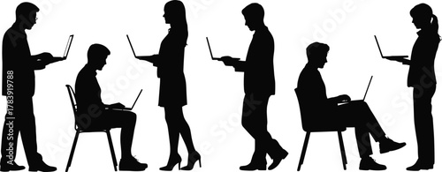 Laptop users, silhouette illustration, digital lifestyle, remote work, modern posture, black and white, technology usage, office scene, vector art