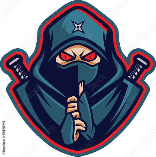 Silent ninja assassin mascot, finger to lips gesture, glowing red eyes, dual swords on back, esports logo style