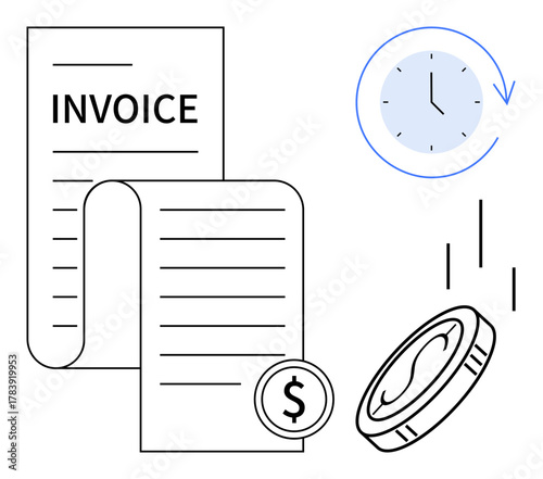 Paper invoice with dollar coin falling, clock symbolizing time, suggesting billing, payment, or deadlines. Ideal for finance, accounting, invoices, payments deadlines time management simple flat