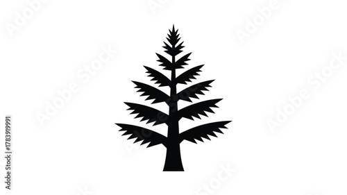 A stark black silhouette of a tall coniferous evergreen tree with detailed branches and needles against a clean white background representing nature and simplicity silhouette