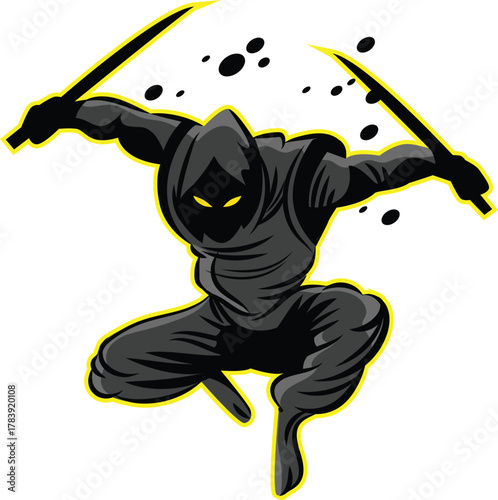 Stylized rogue mascot logo, glowing eyes, crossed katana stance, esport vector